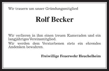 Traueranzeige von Rolf Becker von Wetterauer Zeitung, Wetterauer Zeitung