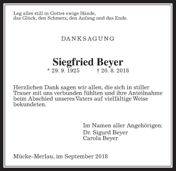 Traueranzeige von Siegfried Beyer von Alsfelder Allgemeine