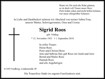 Traueranzeige von Sigrid Roos von Wetterauer Zeitung, Wetterauer Zeitung