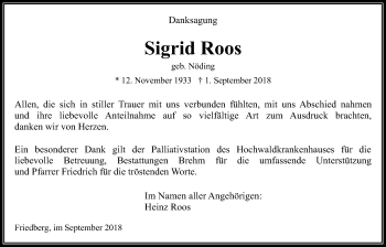 Traueranzeige von Sigrid Roos von Wetterauer Zeitung, Wetterauer Zeitung