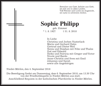 Traueranzeige von Sophie Philipp von Wetterauer Zeitung, Wetterauer Zeitung