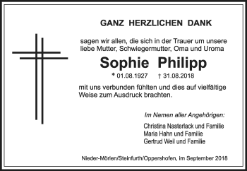 Traueranzeige von Sophie Philipp von Wetterauer Zeitung, Wetterauer Zeitung