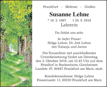 Traueranzeige von Susanne Lehne von Giessener Allgemeine, Alsfelder Allgemeine