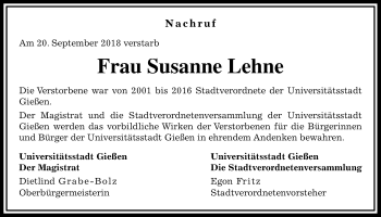 Traueranzeige von Susanne Lehne von Giessener Allgemeine, Alsfelder Allgemeine