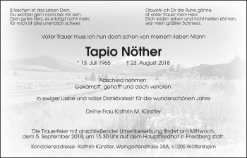 Traueranzeige von Tapio Nöther von Wetterauer Zeitung, Wetterauer Zeitung