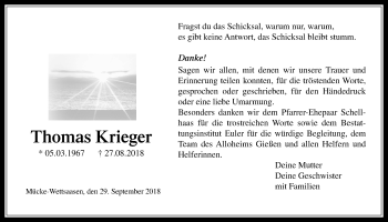 Traueranzeige von Thomas Krieger von Giessener Allgemeine, Alsfelder Allgemeine