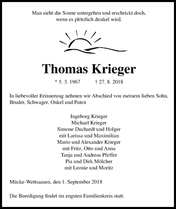 Traueranzeige von Thomas Krieger von Alsfelder Allgemeine, Giessener Allgemeine, Alsfelder Allgemeine