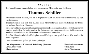 Traueranzeige von Thomas Schiller von Wetterauer Zeitung, Wetterauer Zeitung