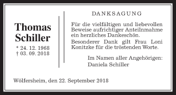 Traueranzeige von Thomas Schiller von Wetterauer Zeitung, Wetterauer Zeitung