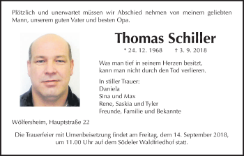 Traueranzeige von Thomas Schiller von Wetterauer Zeitung, Wetterauer Zeitung
