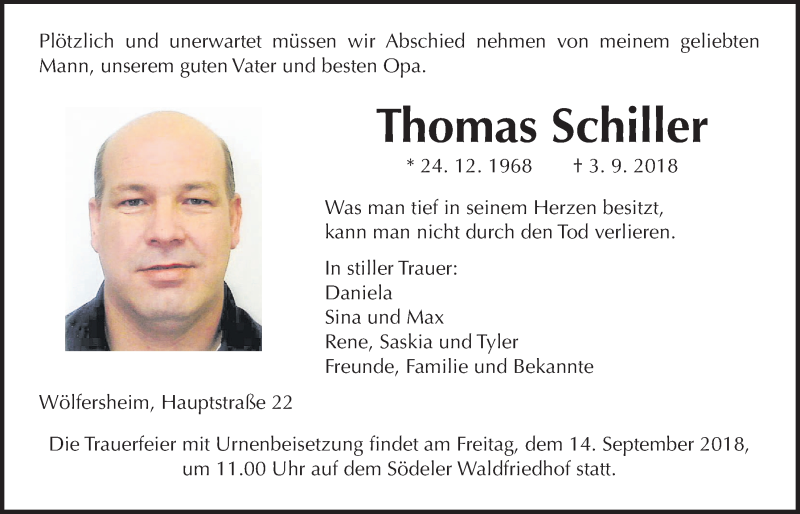  Traueranzeige für Thomas Schiller vom 08.09.2018 aus Wetterauer Zeitung, Wetterauer Zeitung