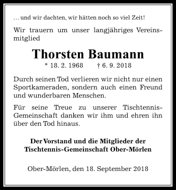 Traueranzeige von Thorsten Baumann von Wetterauer Zeitung, Wetterauer Zeitung
