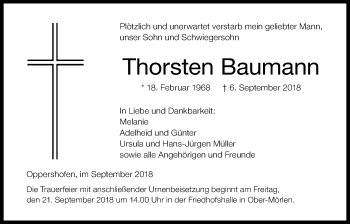Traueranzeige von Thorsten Baumann von Wetterauer Zeitung, Wetterauer Zeitung