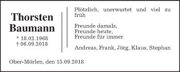Traueranzeige von Thorsten Baumann von Wetterauer Zeitung, Wetterauer Zeitung