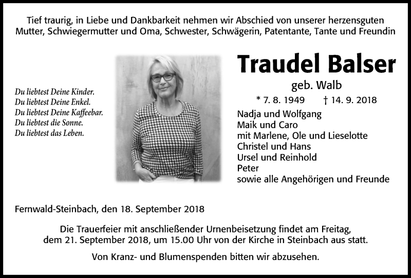 Traueranzeige für Traudel Balser vom 18.09.2018 aus Giessener Allgemeine, Alsfelder Allgemeine