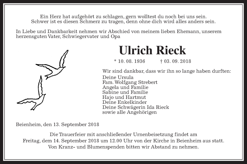  Traueranzeige für Ulrich Rieck vom 13.09.2018 aus Wetterauer Zeitung, Wetterauer Zeitung