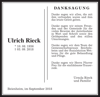 Traueranzeige von Ulrich Rieck von Wetterauer Zeitung, Wetterauer Zeitung