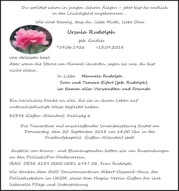 Traueranzeige von Ursula Rudolph von Giessener Allgemeine, Alsfelder Allgemeine