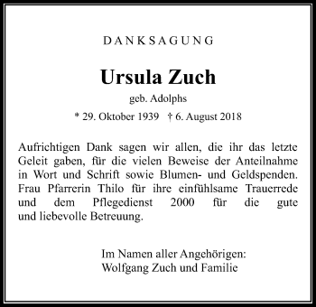 Traueranzeige von Ursula Zuch von Wetterauer Zeitung, Wetterauer Zeitung