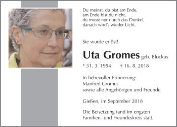 Traueranzeige von Uta Gromes von Giessener Allgemeine, Alsfelder Allgemeine