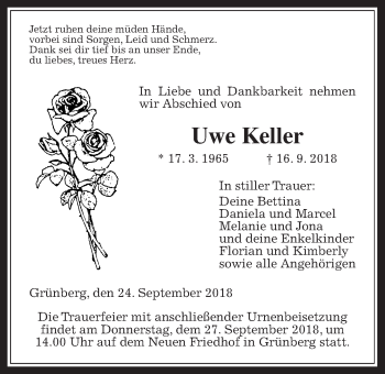 Traueranzeige von Uwe Keller von Giessener Allgemeine, Alsfelder Allgemeine
