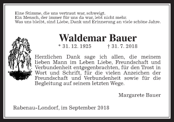 Traueranzeige von Waldemar Bauer von Rabenauer Zeitung