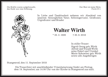 Traueranzeige von Walter Wirth von Giessener Allgemeine, Alsfelder Allgemeine