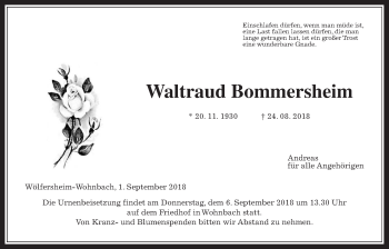 Traueranzeige von Waltraud Bommersheim von Wetterauer Zeitung, Wetterauer Zeitung