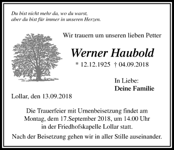 Traueranzeige von Werner Haubold von Giessener Allgemeine, Alsfelder Allgemeine