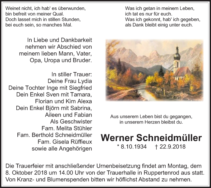  Traueranzeige für Werner Schneidmüller vom 29.09.2018 aus Alsfelder Allgemeine