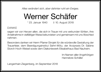 Traueranzeige von Werner Schäfer von Wetterauer Zeitung, Wetterauer Zeitung