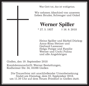 Traueranzeige von Werner Spiller von Giessener Allgemeine, Alsfelder Allgemeine