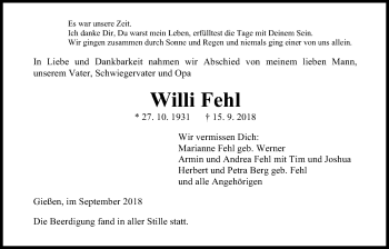 Traueranzeige von Willi Fehl von Giessener Allgemeine, Alsfelder Allgemeine