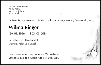 Traueranzeige von Wilma Rieger von Wetterauer Zeitung