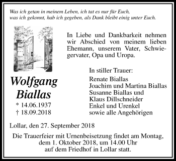 Traueranzeige von Wolfgang Biallas von Giessener Allgemeine, Alsfelder Allgemeine