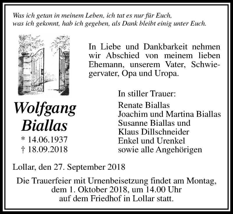  Traueranzeige für Wolfgang Biallas vom 27.09.2018 aus Giessener Allgemeine, Alsfelder Allgemeine