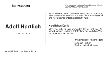 Traueranzeige von Adolf Hartlich von Wetterauer Zeitung, Wetterauer Zeitung