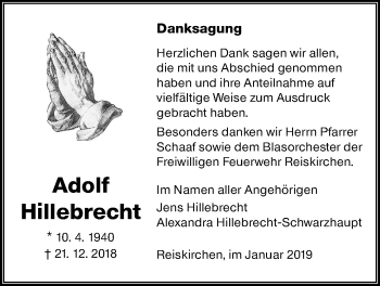 Traueranzeige von Adolf Hillebrecht von Giessener Allgemeine, Alsfelder Allgemeine