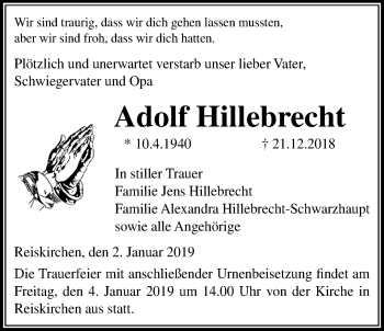 Traueranzeige von Adolf Hillebrecht von Giessener Allgemeine, Alsfelder Allgemeine