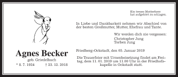 Traueranzeige von Agnes Becker von Wetterauer Zeitung, Wetterauer Zeitung