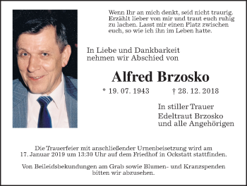 Traueranzeige von Alfred Brzosko von Wetterauer Zeitung, Wetterauer Zeitung