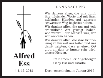 Traueranzeige von Alfred  Ess von Wetterauer Zeitung, Wetterauer Zeitung