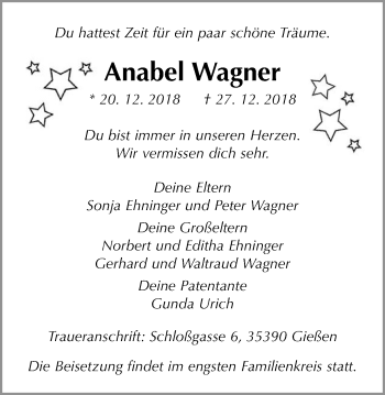 Traueranzeige von Anabel Wagner von Giessener Allgemeine, Alsfelder Allgemeine