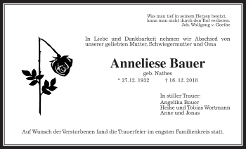 Traueranzeige von Anneliese Bauer von Licher Wochenblatt, Licher Wochenblatt, Licher Wochenblatt