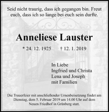 Traueranzeige von Anneliese Lauster von Laubacher Anzeiger