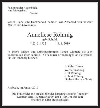 Traueranzeige von Anneliese Röhmig von Wetterauer Zeitung, Wetterauer Zeitung