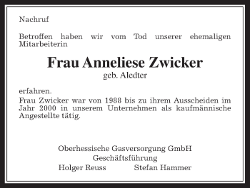 Traueranzeige von Anneliese Zwicker von Wetterauer Zeitung, Wetterauer Zeitung