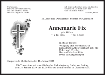 Traueranzeige von Annemarie Fix von Wetterauer Zeitung, Wetterauer Zeitung