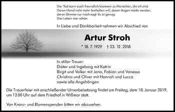 Traueranzeige von Artur Stroh von Giessener Allgemeine, Alsfelder Allgemeine