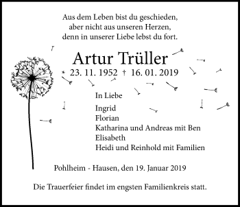 Traueranzeige von Artur Trüller von Giessener Allgemeine, Alsfelder Allgemeine